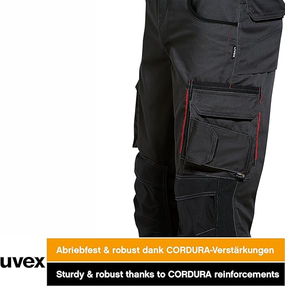 uvex Tune-up Men's Long Work Trousers - Robust Men's Work Trousers with Knee pad Pockets - 35% Cotton - Black/red - 44