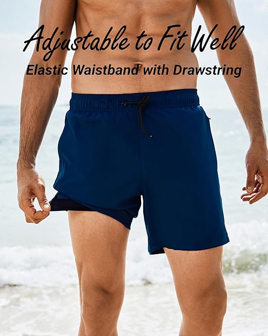 Arcweg Men's Swim Trunks Mens Swimming Shorts with Compression Liner Quick Dry Stretchy 2 in 1 Board Shorts with Zipper Pockets Khaki L(UK)