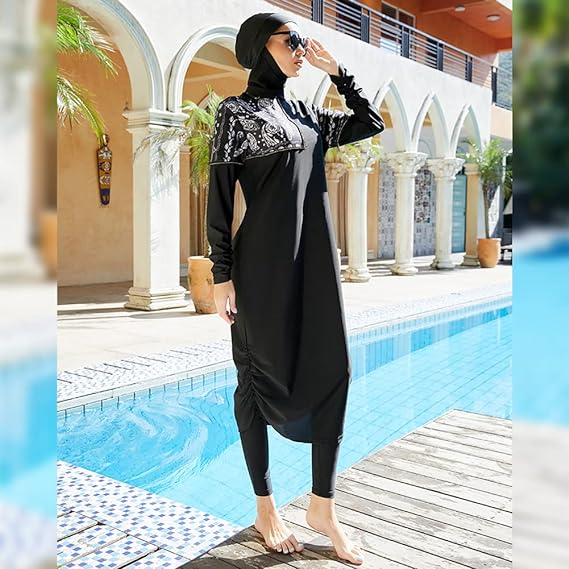 OBEEII Women's Swimsuit Muslim Suit Conservative Long Sleeve Trousers with Headscarf Three-Piece Beach Surf S-XL, Black 02, M