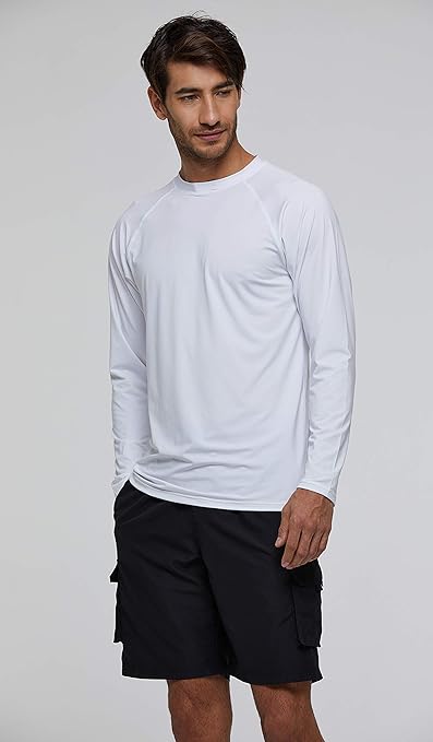Arcweg Rashguard Men Long Sleeves Diving UV Protection UPF 50+ Elastic Rash Vest Loose Fit Top Swimming Quick Drying Surfing Pool T-Shirt Sports Top Rashie L, White