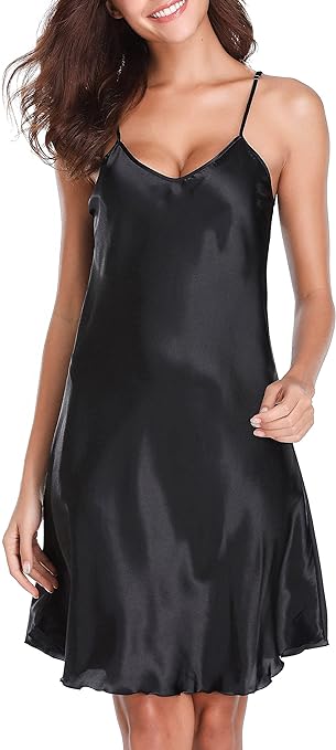 Wikoan Women Satin Nightdress Soft Silk Nightshirt Straps Chemise Slip Sexy V Neck Nightgown Sleepwear,a-Black,XXXL