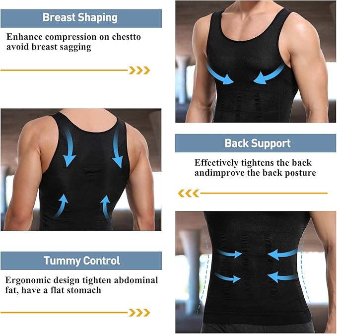 SLIMBELLE Men's Body Shaper Vest Slimming Vest Elastic Shapewear Compression Shirt for Men Slim Tummy Control Waist Trainer Shaper Tank Top, BlackWhite, L
