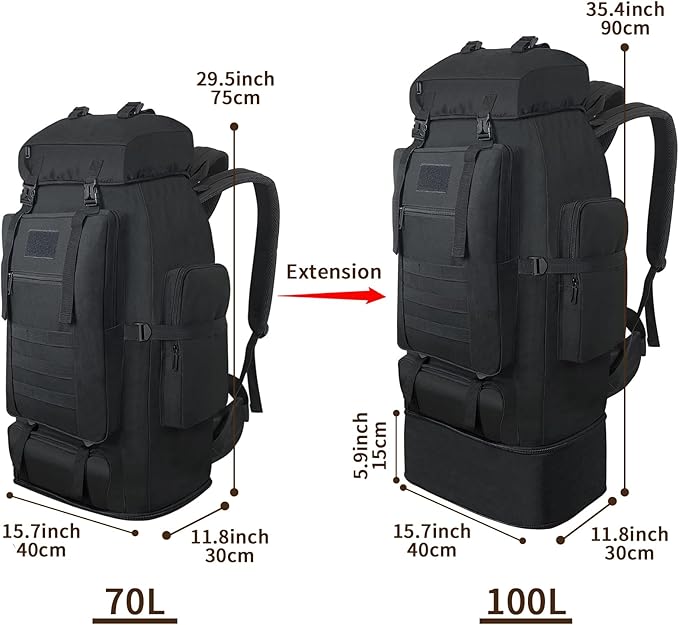 Vaupan Hiking Backpack, 100L Large Camping Backpack, Expandable Waterproof Molle Rucksack, Outdoor Sport Travel Daypack Military Tactical Backpack for Men Women (Black)