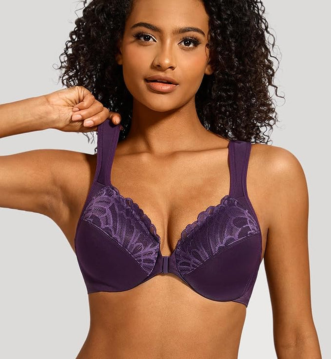 MELENECA Front Fastening Bras for Women Plus Size Underwire Unlined Lace Cup Cushion Strap Purple 38G