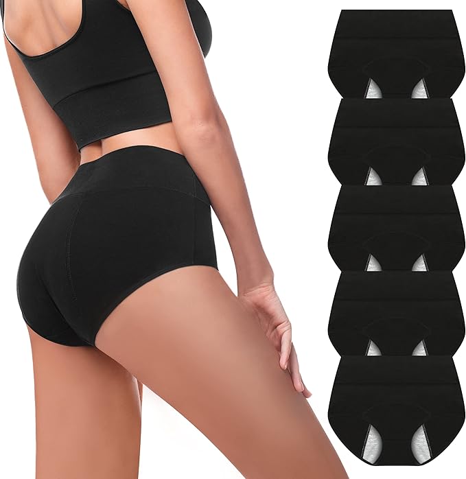 Walifrey Period Pants, Menstrual Underwear for Women, Cotton Knickers Multipack with Leakproof Crotch for Heavy Flow Extra Protection 5pack 3XL Black