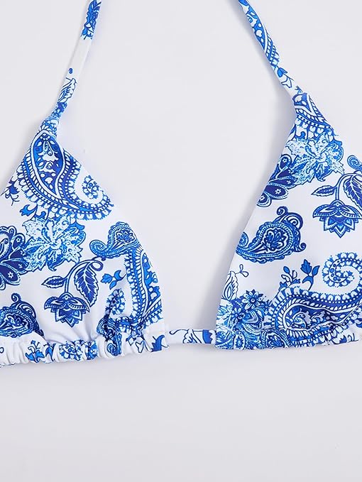 GORGLITTER Women's Floral Print Bikini Set Triangle Halter Bra and Tie Side Bikini Bottom 2 Piece Swimsuit Bathing Suits Floral Blue Small