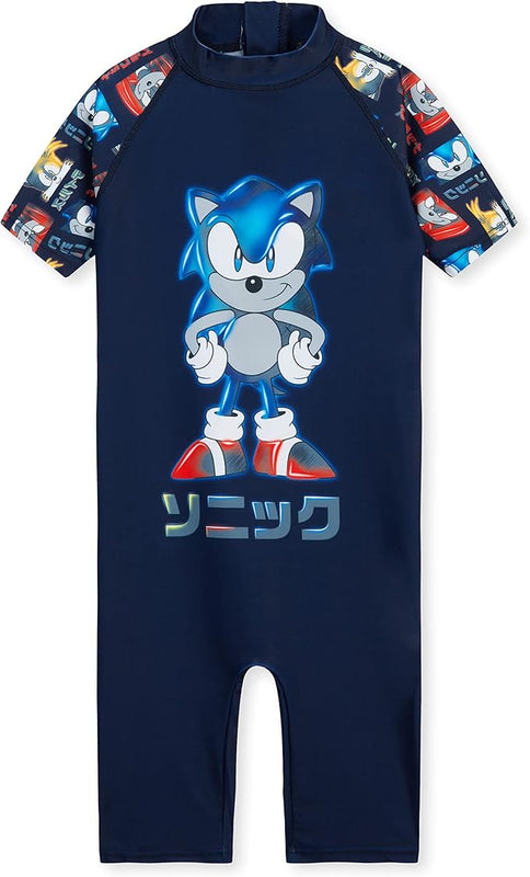 Sonic The Hedgehog Boys Swimming Costume Summer Holiday Essentials for Kids Childrens Swimwear 3-10 Years Short Sleeve Full Body Swimsuit with Zip Beach Pool (Navy, 7-8 Years)