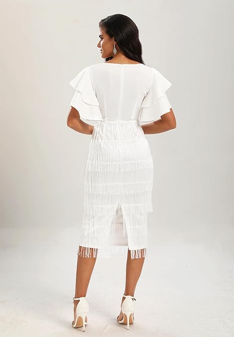 VERWIN Women's Fringe Maxi Dress High Waist V Neck Tiered Tassels Dress Ruffles Sleeve Bodycon Prom Dress M White