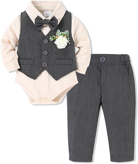 SOLOYEE Baby Boys Formal Suit, Infant Gentleman Wedding Outfit Newborn Bodysuit + Pants + Waistcoat + Bow Tie + Corsage Christening Clothes 5Pcs Set (Grey, 6-12 Months)
