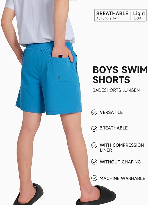 YoungSoul Boys' Swimming Shorts with Compression Liner Quick Dry Kids Swim Trunks 2 in 1 Swimwear Beach Shorts Aqua Blue 9-10 Years Size 150