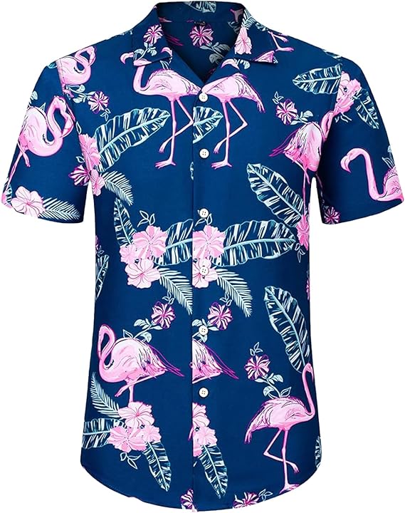 Blisscok Hawaii Men's Shirt with Hawaiian Shirt Flamingo Floral Wrinkle Free for Beach Party Pack of 2 Shorts and Shirt