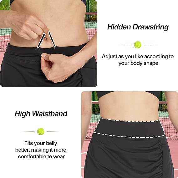 Westkun Women's Leggings with Skirt Ankle Length Running Trousers Tennis Skirt with Pockets Yoga Sports Soft Skirt Trousers Tennis Clothing 2-in-1, Black-Ruched, L