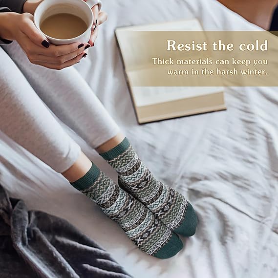 YSense Beau 5pairs Women Merino Wool Socks Thermal Chunky Winter Hiking Breathable Cushioned Cotton Socks Ladies' Cosy Warm Wool Crew Socks Gift Vintage Style