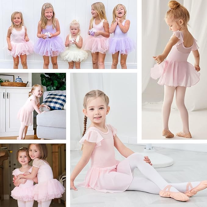 Aiseyi Ballet Dress for Girls Short Ruffled Sleeve Ballet Leotard Kids Cotton Ballet Outfit Dance Leotards with Mesh Skirt 3-4 Years Pink