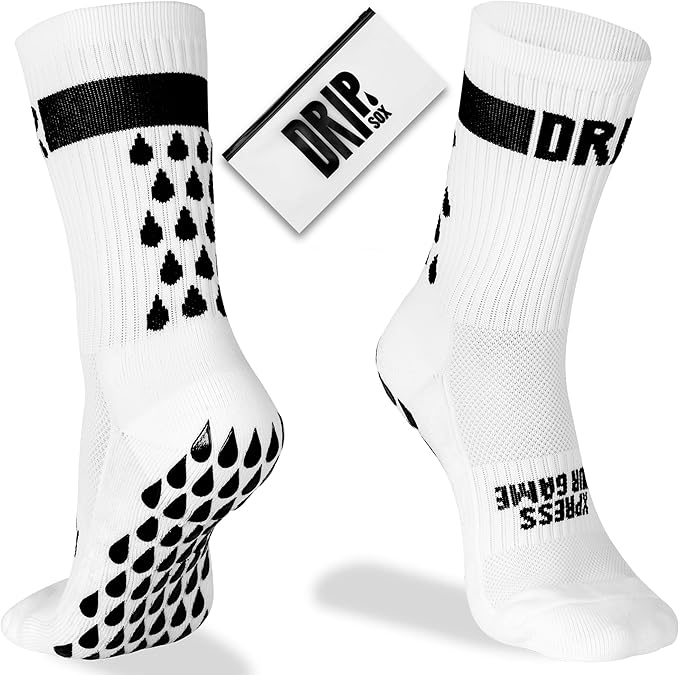DRIPsox® Football Grip Socks Kids, Junior, Women & Men - 1 Pair White Grip Socks Football (L) - Anti Slip DripGrip Design