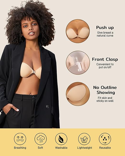 Niidor Adhesive Bra Strapless Sticky Invisible Push Up Fabric Bra Nipple Covers for Backless Dress, Nude, D