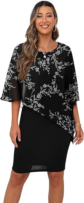 QIXING Womens Summer Casual Dress Loose Batwing Sleeve Crew Neck Chiffon Cape Elegant Midi Cocktail Pencil Dresses for Women UK for Funeral Party Wedding (FP White Leaf-Black, XL)