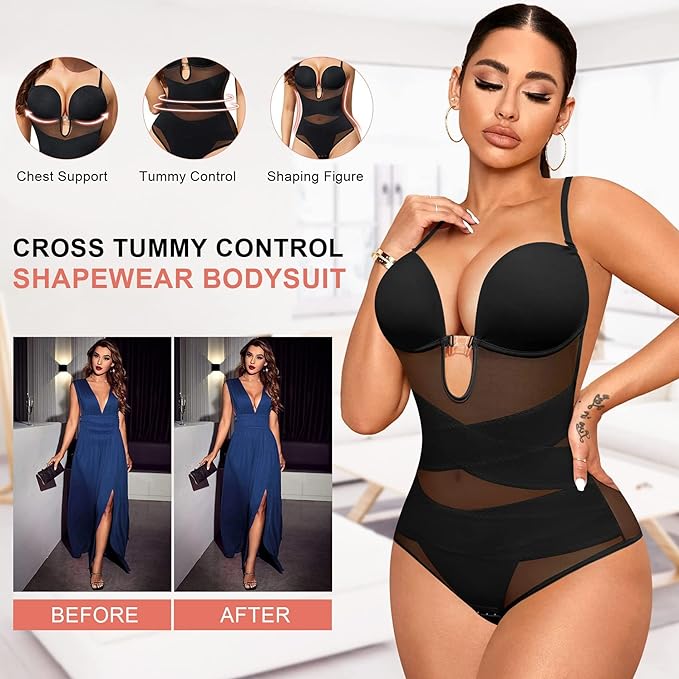 Junlan Bodysuit Shapewear for Women Tummy Control Backless Body Shaper U Plunge Built-in Bra Fajas Waist Trainer Corset (Black,S)