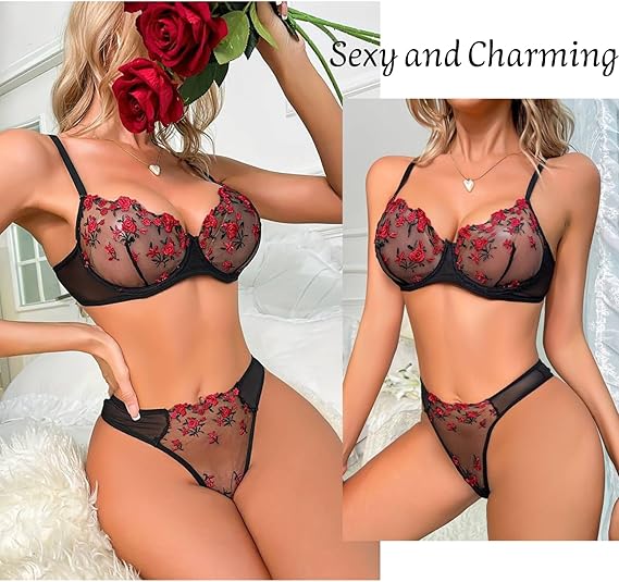 ROSVAJFY Women's Sexy Lingerie Set with Floral Embroidery, Mesh Push Up Underwear Set 2 Pieces, Underwire Bra and Panties Set Elegent Lingerie with Adjustable Spaghetti Straps (Black, L)