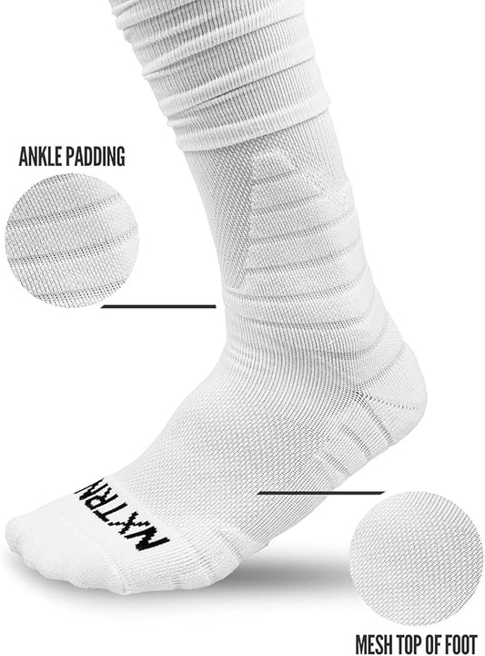 Nxtrnd XTD Scrunch Football Socks, Extra Long Padded Sports Socks for Men & Boys, White, Large