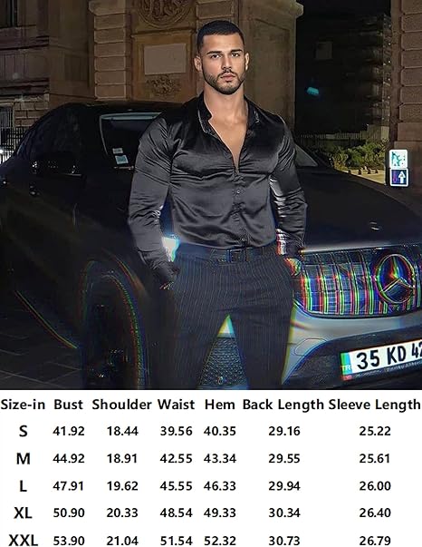 URRU Men's Luxury Shiny Silk Like Satin Dress Shirt Long Sleeve Casual Slim Fit Muscle Button Up Shirts Black L