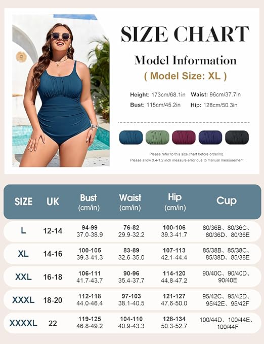 Tuopuda Women's One Piece Swimsuit Plus Size Swimming Costume Tummy Control Ruched Modest Swimwear Ladies Padded Bathing Suit Push Up Swimsuits Blue, 3XL