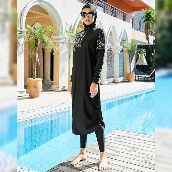 OBEEII Women's Swimsuit Muslim Suit Conservative Long Sleeve Trousers with Headscarf Three-Piece Beach Surf S-XL, Black 02, M