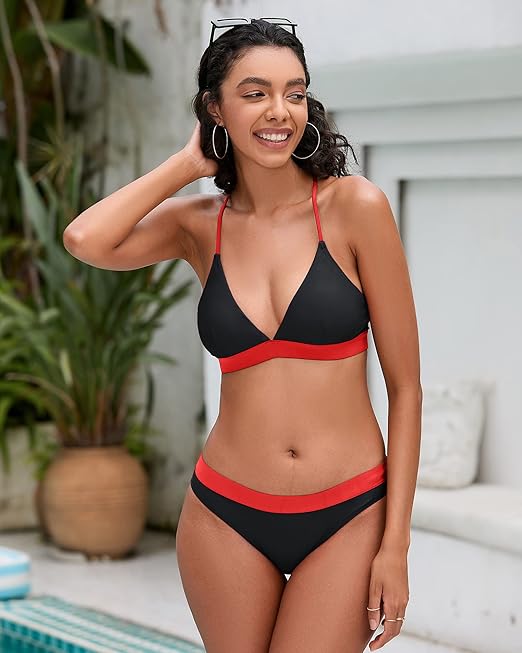 iSLASISIA Women’s Bikini Swimsuit Criss Cross Back Triangle Bikini Tie Back Bikini Set Two Piece Swimsuits(Black & Red,UK16)