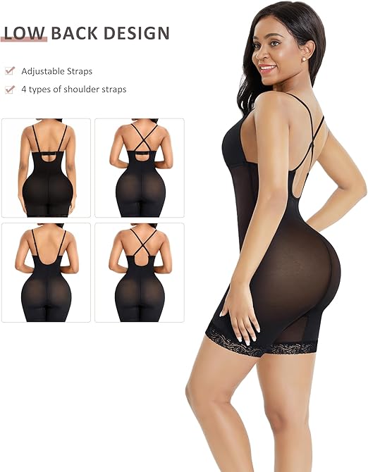 FeelinGirl Shaping Bodysuit for Women Tummy Control Seamless Bodysuit Mesh Built-in Bra Backless Body Shaper with U Plunge, Black, S