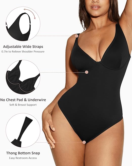 FeelinGirl Shapewear Bodysuits for Women Tummy Control Body Shaper Thong Body Suits Deep V Neck Going Out Tank Tops（Black 3XL）