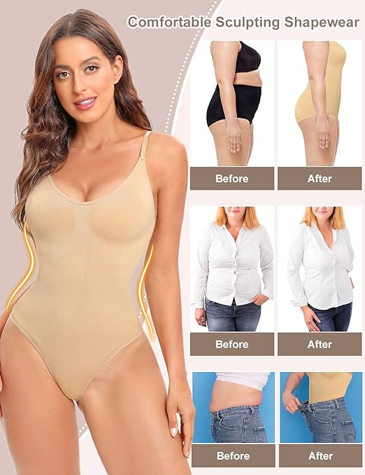 Niwicee Shapewear Bodysuit for Women Tummy Control Body Shaper Seamless Sculpting Bodysuit Adjustable Straps V-Neck Leotard Shapewear Sleeveless Jumpsuit Tops Skims Bodysuit(Skin,L)