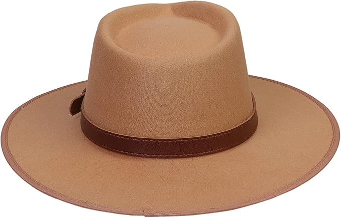 JK Home Wide Brim Fedora Hat - Wool Felt Panama Cap - One Size Unisex Women Men - Brown Leather Buckle Band