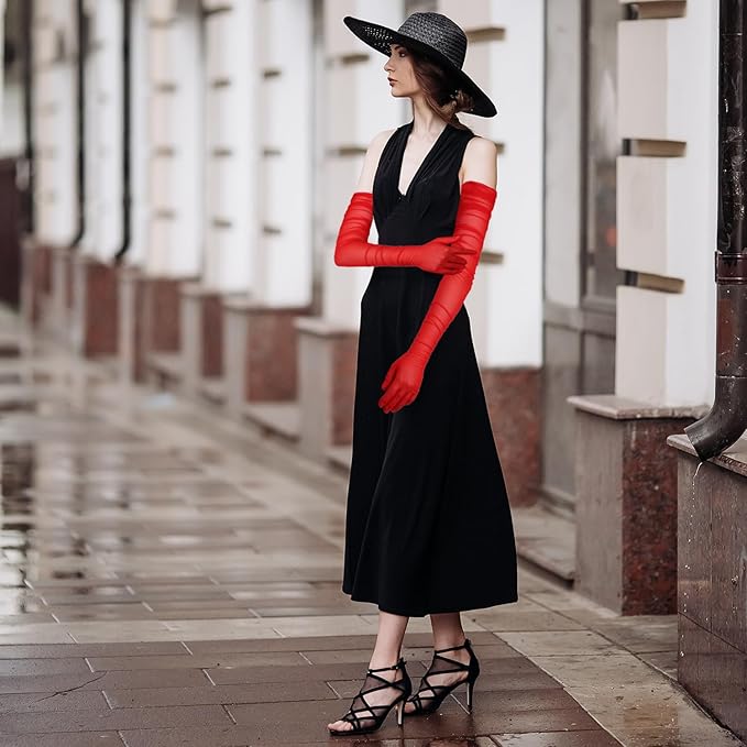 TOYMIS Women's Super Long Gloves, 1920s Sexy Sheer Gloves Elegant Long Opera Gloves Mesh Tulle Gloves Dance Gloves (red)