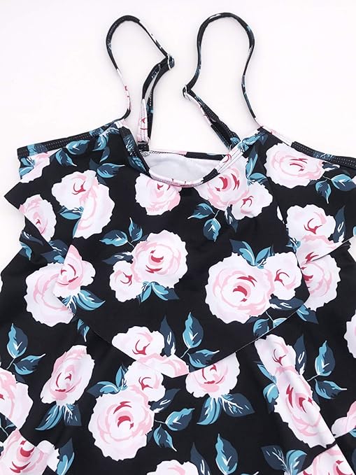 FLYILY Women 2 Piece Tankini Swimsuits Flounce Printed Top with Boyshorts Plus Size Swimwear Bathing Suit (WhiteFlower, M)