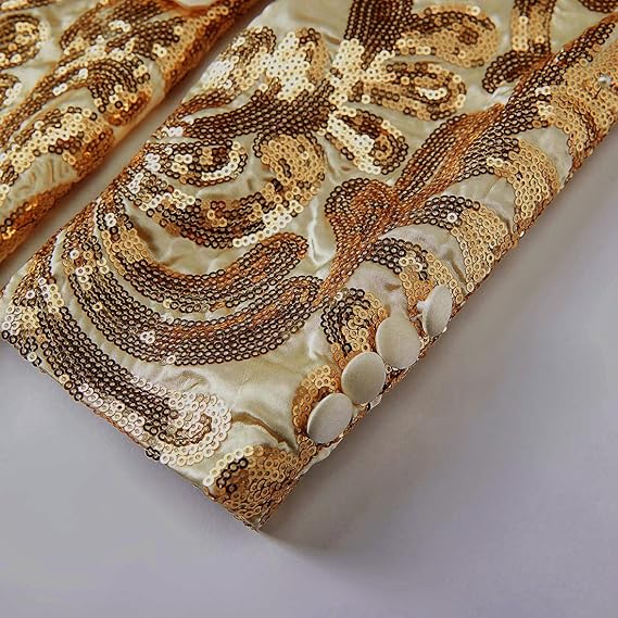 PYJTRL Men Stylish Satin Face Sequins Floral Pattern Suit Jacket Blazer (Gold, S)