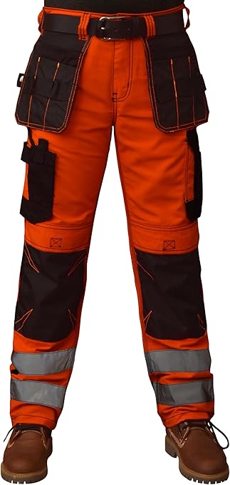 ZS7 Hi Vis Work Trousers Men Durable Polycotton Fabric Multiple Pockets Work Utility & Safety Trousers Reflective Tape High Visibility Work Pants (UK, Waist & Inseam, 38W 34L, Orange)