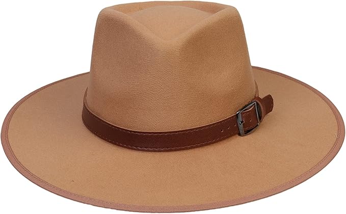 JK Home Wide Brim Fedora Hat - Wool Felt Panama Cap - One Size Unisex Women Men - Brown Leather Buckle Band