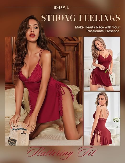 RSLOVE Lingerie for Women Sexy Babydoll Lace Nightdress Chemise Negligees Wine Red, L