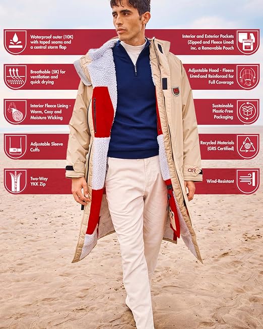 D-Robe Beaufort Outdoor Robe with Fleece Lining & Adjustable Hood, Waterproof & Windproof Oversized Coat, Beach Changing Robe (UK, Alpha, M, Regular, Regular, Warm Sand)