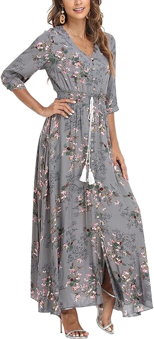 VOGMATE Womens Summer Maxi Dress Floral Boho Short Sleeve Split V Neck High Waist Drawstring Button Decoration Casual Cocktail Beach, M