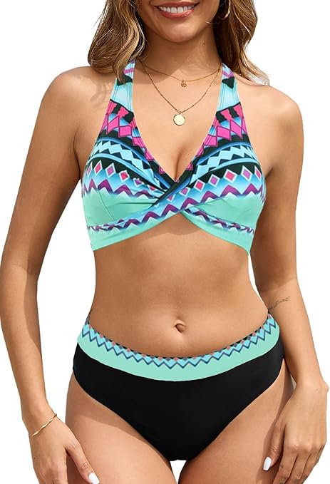 CheChury Women's High Waisted Bikini Sets 2 Piece Halter V Neck Swimsuit Push Up Tummy Control Vintage Swimwear Color Block Bikini Sets for UK,Green,XL
