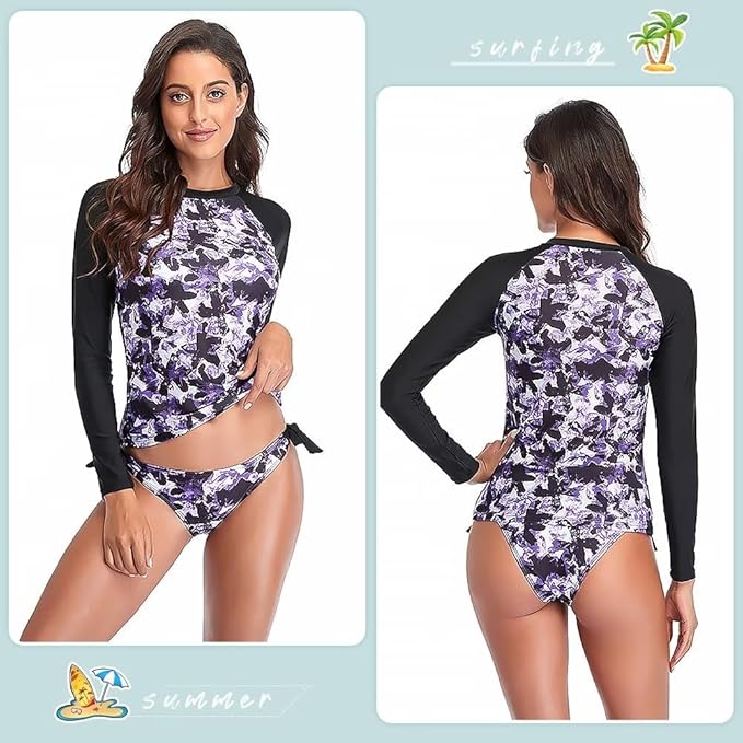 Sillictor Rash Vest Women Swimming Tops UV Womens Swim Shorts and Top Set Ladies 2 Piece Long Sleeve Swimsuits for Women Rash Guard Shirts with Build in Bra for Surfing,Quick Dry 172 Purple M