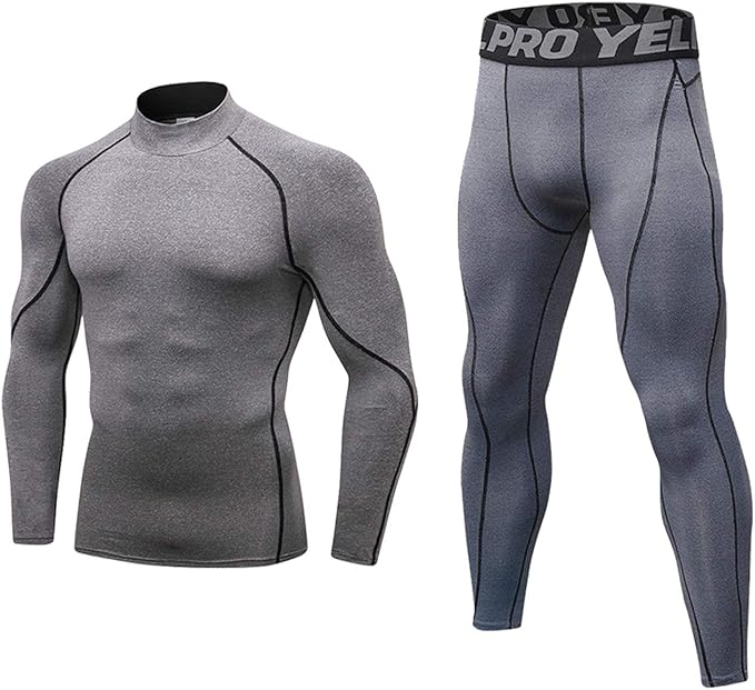 Mens Thermal Underwear Set Stand Collar Tops and Wicking Long Johns Winter Warm Base Layer for Skiing, Grey, M