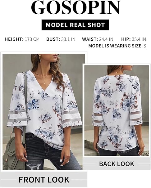 GOSOPIN Womens Floral Printed Blouses V-Neck Summer Casual 3/4 Sleeves Shirt Tops White UK 10