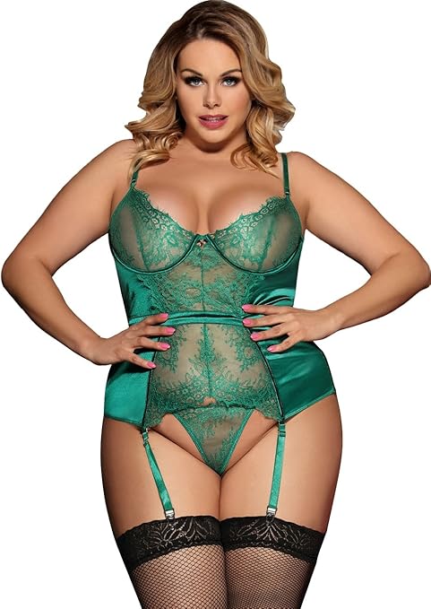 marysgift Womens Bodysuit Suspenders Ladies Bustier Corset Lingerie with Garter Belt Nightwear Underwear Set Green UK L-XL