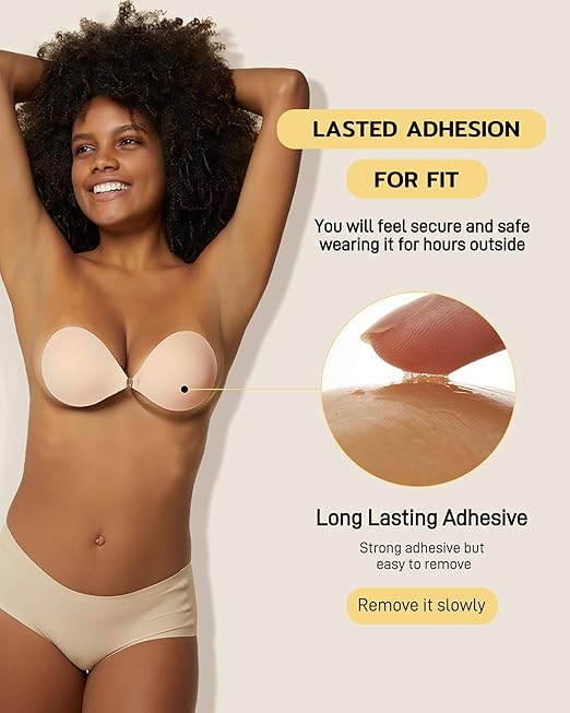 Niidor Adhesive Bra Strapless Sticky Invisible Push Up Fabric Bra Nipple Covers for Backless Dress, Nude, D