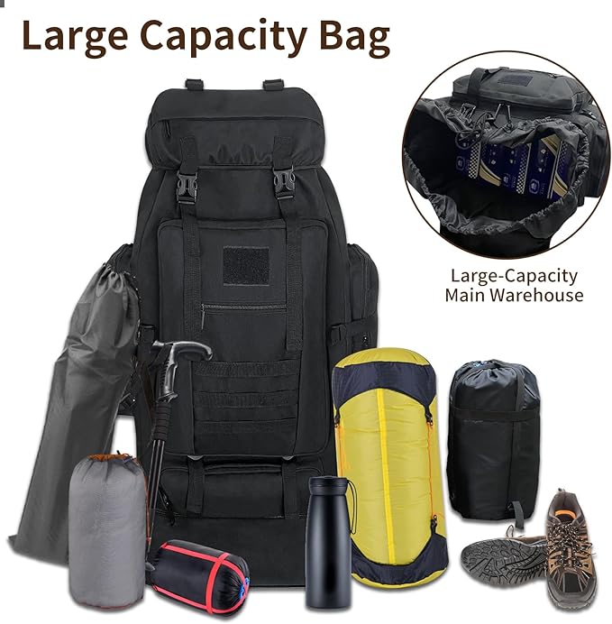 Vaupan Hiking Backpack, 100L Large Camping Backpack, Expandable Waterproof Molle Rucksack, Outdoor Sport Travel Daypack Military Tactical Backpack for Men Women (Black)