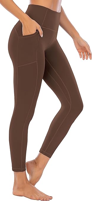 OVRUNS High Waist Gym Leggings for Women Yoga Pants with Pockets Workout Running Compression Leggings for Women - Brown - S
