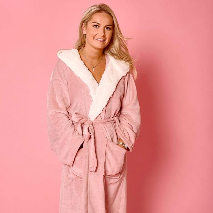 Sienna Hooded Dressing Gowns for Women UK Super Soft Flannel Fleece Sherpa Lined Fluffy Mens Luxurious Comfy Cosy Bathrobe - Blush Pink