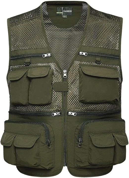 Sukany Men's Mesh Fishing Vest Utility Multi-Pocket Outdoor Work Shooting Safari Travel Photography Vest Army Green XL